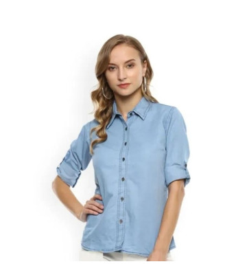 Women's Denim Solid Casual Roll Up Sleeves Shirt